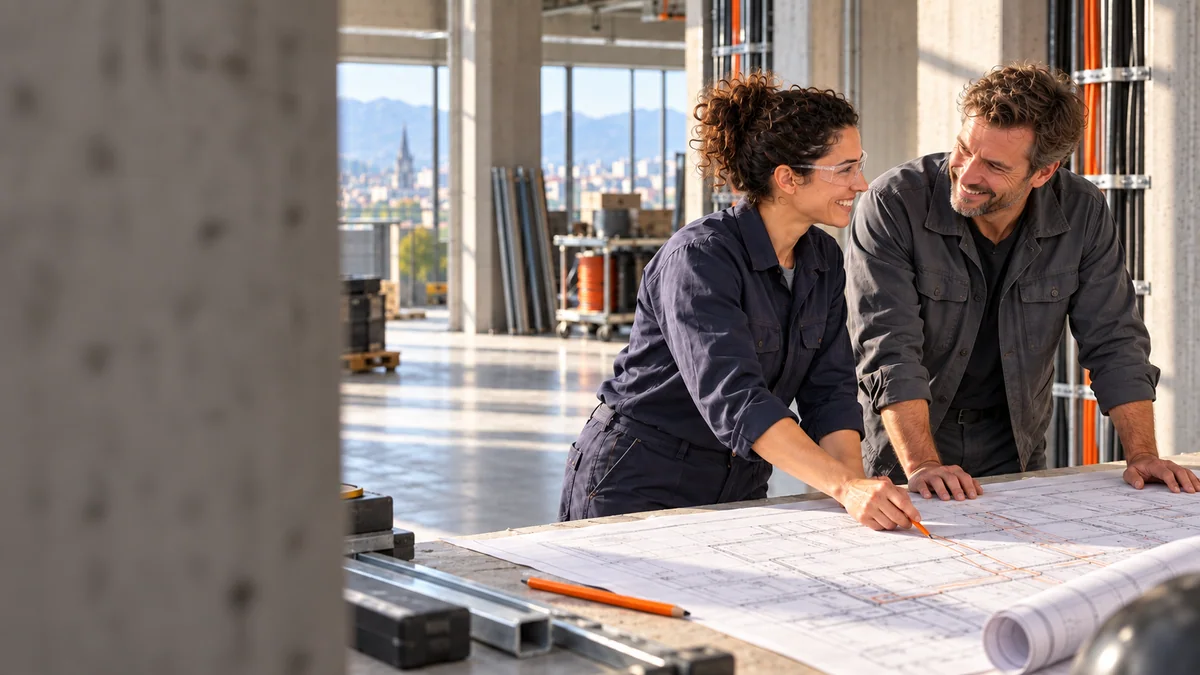 AI-generated scene of the electrician and site supervisor reviewing installation plans before work begins.