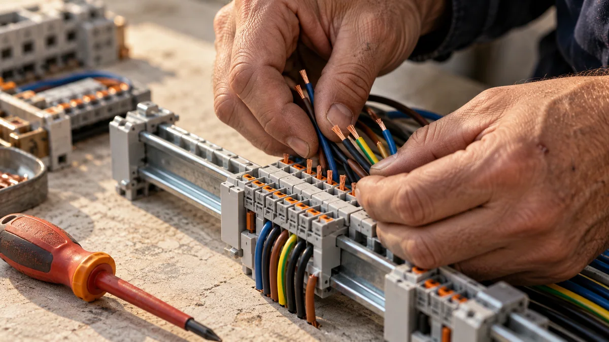 AI-generated close-up of an electrician’s hands arranging copper conductors in an isolated terminal assembly.