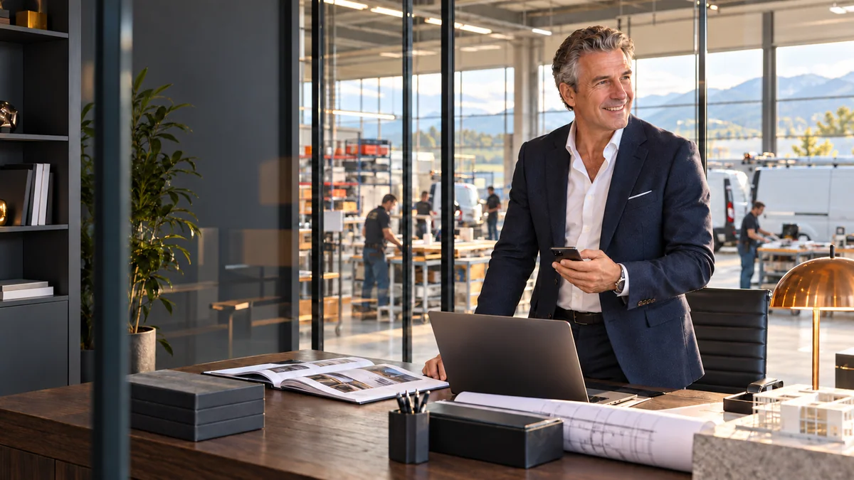 AI-generated scene of a business owner in a tailored jacket in his office overlooking an electrical workshop.